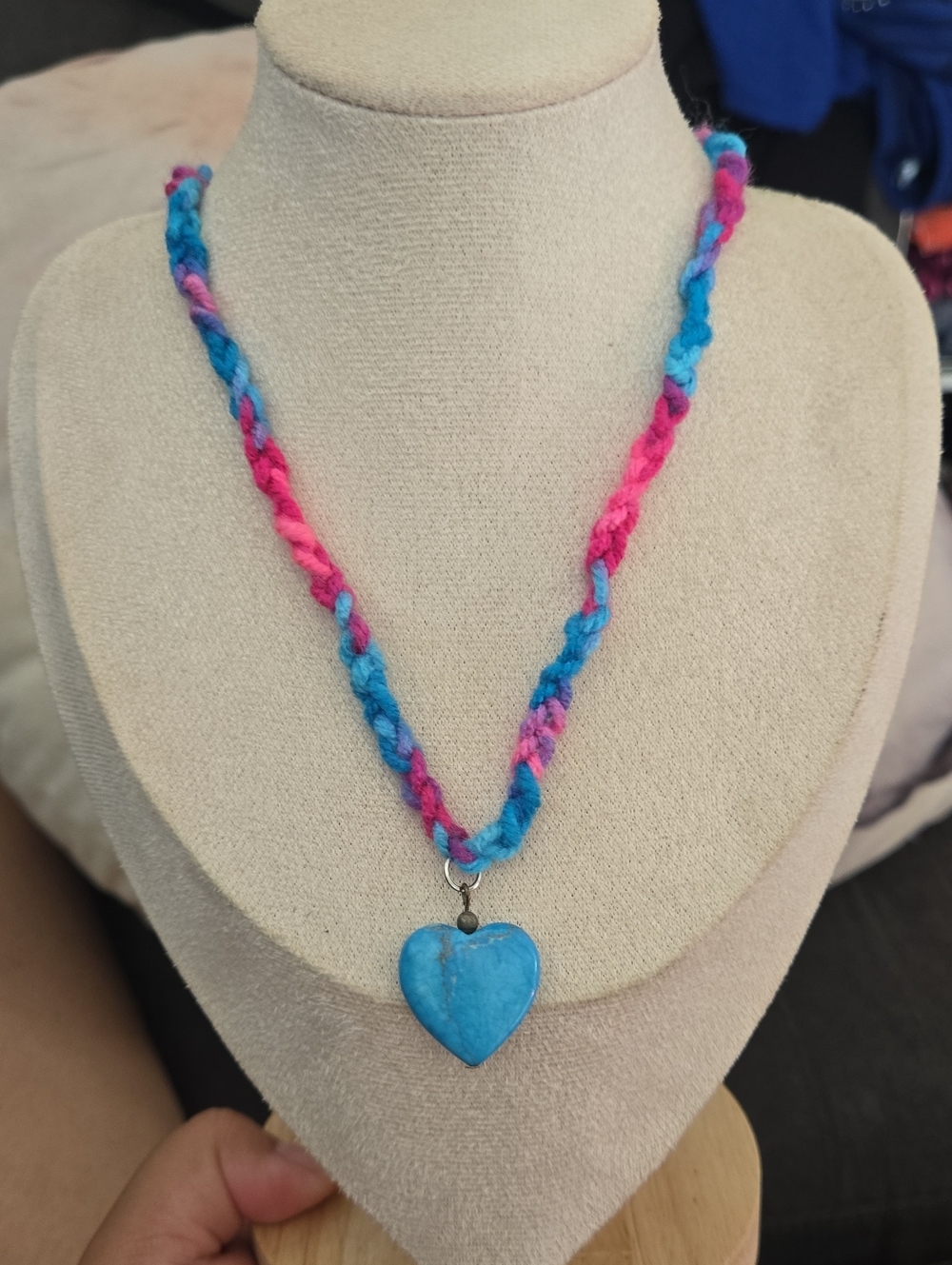 Handmade Blue Heart Pendant Necklace with Pink & Blue Braided Cord